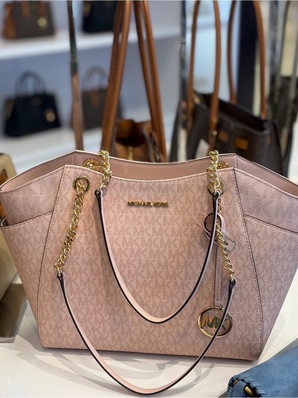Michael Kors Powder Blush Logo Tote with Gold Chain Accents - Picture 8 of 11